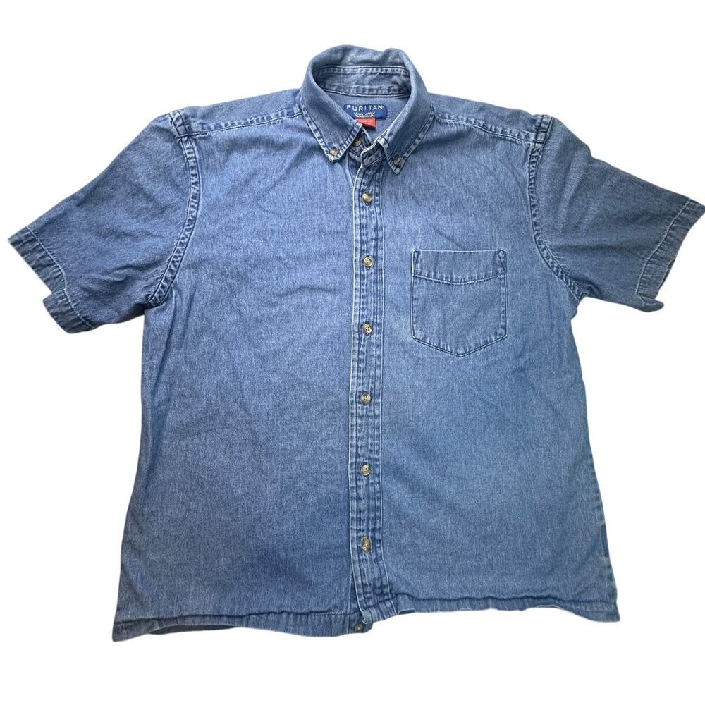 Puritan Denim Shirt Short Sleeve Button Down Pocket Medium Blue